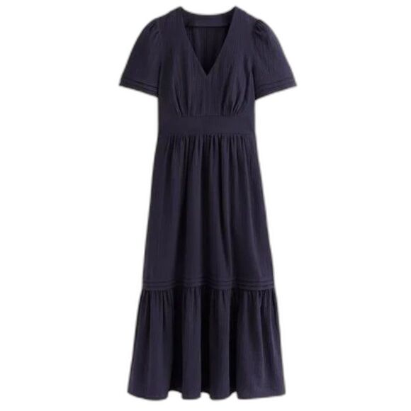 Boden Dresses & Skirts - Boden Eve Double Cloth Dress Midi Navy Blue Tiered Gauze Pockets SS Size 14R